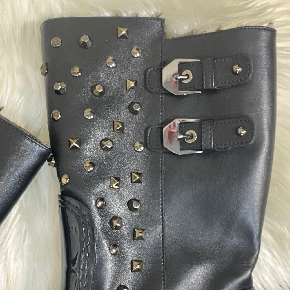 Stuart Weitzman Loverain Leather Black Studded Faux Fur Lined Boots - Picture 7 of 16